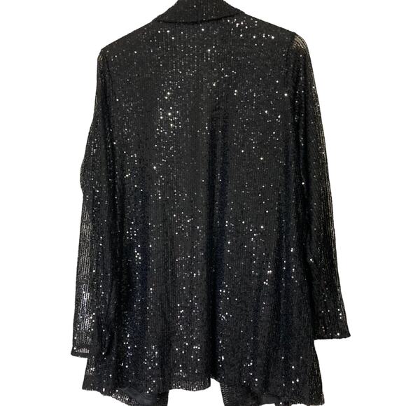 A624266 JINGLE BELLES by Kim Gravel Sequin Mesh Open Front Topper Black L - Picture 3 of 5